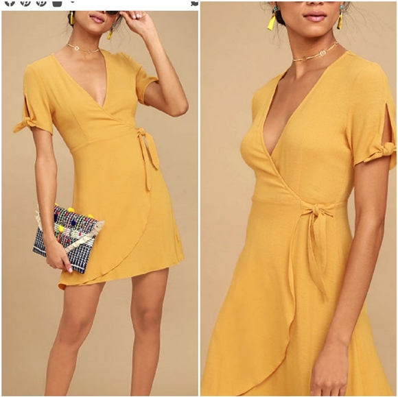 Lulus | Dresses | Lulus My Philosophy Mustard Yellow Wrap Dress Sm ...